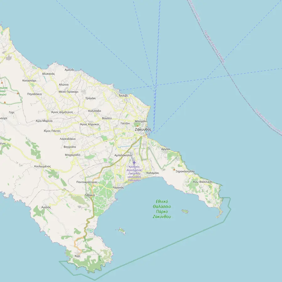 Map of the east side of Zakynthos with Laganas, Kalamaki, Zakynthos Town, Argasi and Tsilivi