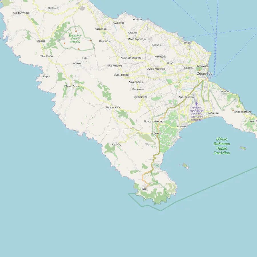 Map of south-west Zakynthos from Laganas and Keri to Korakonisi, Agios Leon and Loucha